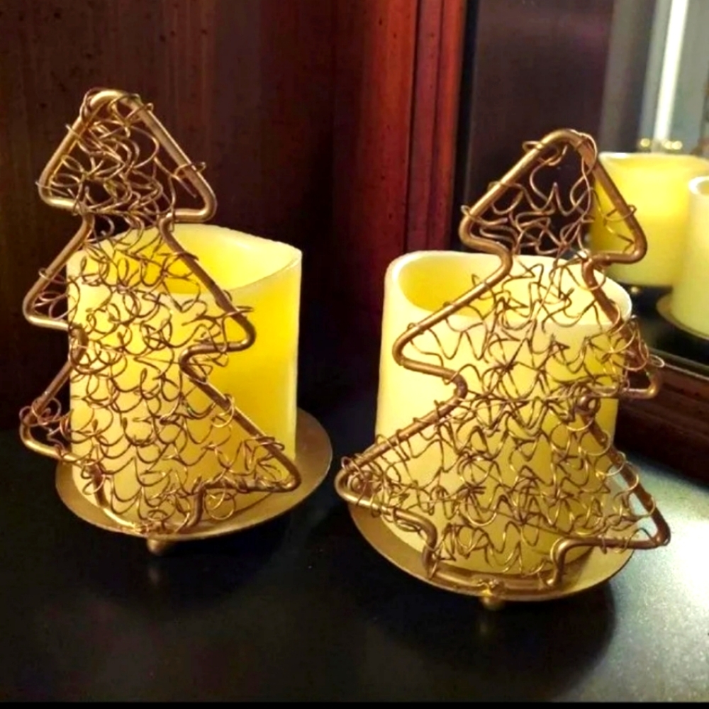 Y2k WIRE CHRISTMAS TREE CANDLE HOLDERS SET OF 2 - DISPLAYED ONLY